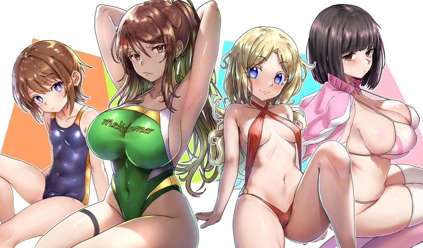 4girls arm_up armpits arms_behind_back arms_behind_head arms_up big_breasts black_hair black_hair_female blonde blonde_female blonde_hair blonde_hair_female blue_eye blue_eyes blue_eyes_female blush blush_lines blushed blushes blushing blushing_at_viewer breasts brown_eye brown_eyes brown_eyes_female brown_hair brown_hair_female ebora english english_text eye eye_open eyes eyes_open female female_only females frenda_seivelun hair kinuhata_saiai long_hair long_hair_female looking_at_viewer medium_breasts medium_hair mugino_shizuri no_sex open_eyes short_hair short_hair_female small_breasts smile smiley_face smiling smiling_at_viewer swimsuit takitsubo_rikou text to_aru_kagaku_no_railgun to_aru_majutsu_no_index underwear youngmanisdown