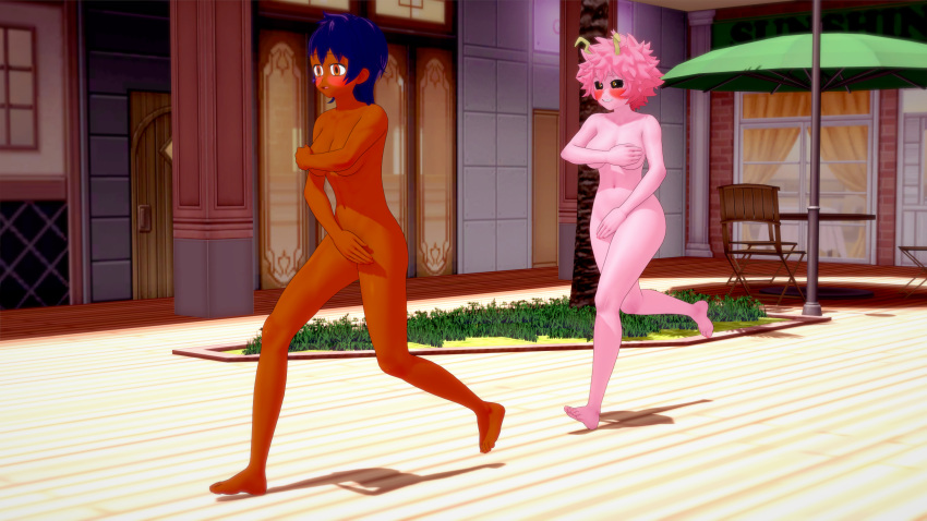 2girls 3d barefoot blue_hair blue_ink22 breasts casual_nudity completely_nude completely_nude_female covering covering_breasts covering_crotch embarrassed embarrassed_nude_female enf female female_only mina_ashido my_hero_academia navel nude nude_female outdoor_nudity pink_hair public_nudity rachel_(blue_ink22) retropunch running short_hair streaking