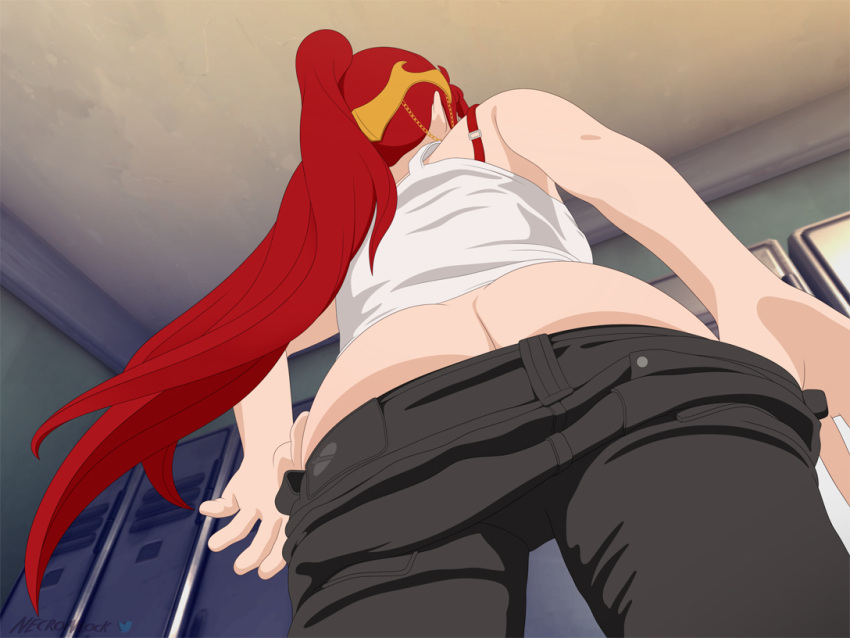 1girls ass ass_cleavage ass_focus butt_crack circlet female_only gym high_ponytail jeans locker_room long_hair necromalock offscreen_male ponytail pov pulling_down_pants pyrrha_nikos red_hair rwby selfie solo tagme text