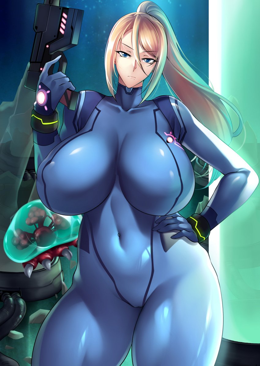 1girls absurdres alien athletic athletic_female big_breasts blonde_hair blue_bodysuit blue_eyes blue_gloves bodysuit breasts busty child_bearing_hips female female_focus female_only fit fit_female gloves gun haganef hand_on_hip hand_on_own_hip high_resolution highres hips holding_gun holding_weapon huge_breasts large_breasts large_filesize light_skin light_skinned_female long_hair looking_at_viewer metroid metroid_(creature) navel nintendo ponytail samus_aran solo solo_female solo_focus stomach thick_thighs thighs tight_clothes tight_clothing tight_fit very_high_resolution video_game_character weapon wide_hips zero_suit_samus