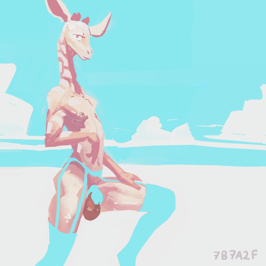 7b7a2f anthro balls big_ears chastity_cage chastity_device cloud digital_media_(artwork) fur genitals giraffe giraffid hand_on_leg hand_on_thigh hi_res horn looking_at_viewer male mammal nipples nude ossicone penis simple_background slim solo thick_thighs