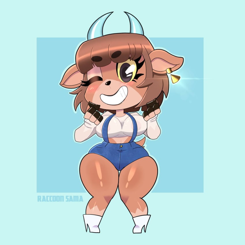 animal_crossing animal_crossing_new_horizons anthro areolae bangs bangs_over_eyes bean_smile big_breasts blue_horn blush boots breasts brown_fur brown_hair brown_lipstick cartoony chibi clothed clothing crop_top cute earings excited female female_focus female_only fur furry furry_ears furry_female furry_only furry_tail goat goat_ears goat_horns horns knees_together_feet_apart large_breasts large_thighs long_sleeves markings markings_(fur) midriff nintendo no_bra overalls pashmina_(animal_crossing) pink_nipples purple_eyes raccoon_sama see-through see_through_clothing short_hair shorts simple_background simple_shading slim_waist solo thick_thighs thigh_gap thighs wide_hips winking_at_viewer yellow_sclera