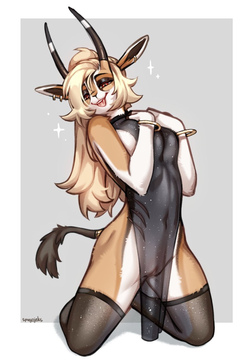 anthro blonde_hair breasts brown_body brown_fur clothed clothing dress female fur genitals hair hi_res horn legwear mammal pussy red_eyes solo spuydjeks translucent translucent_clothing translucent_dress translucent_legwear