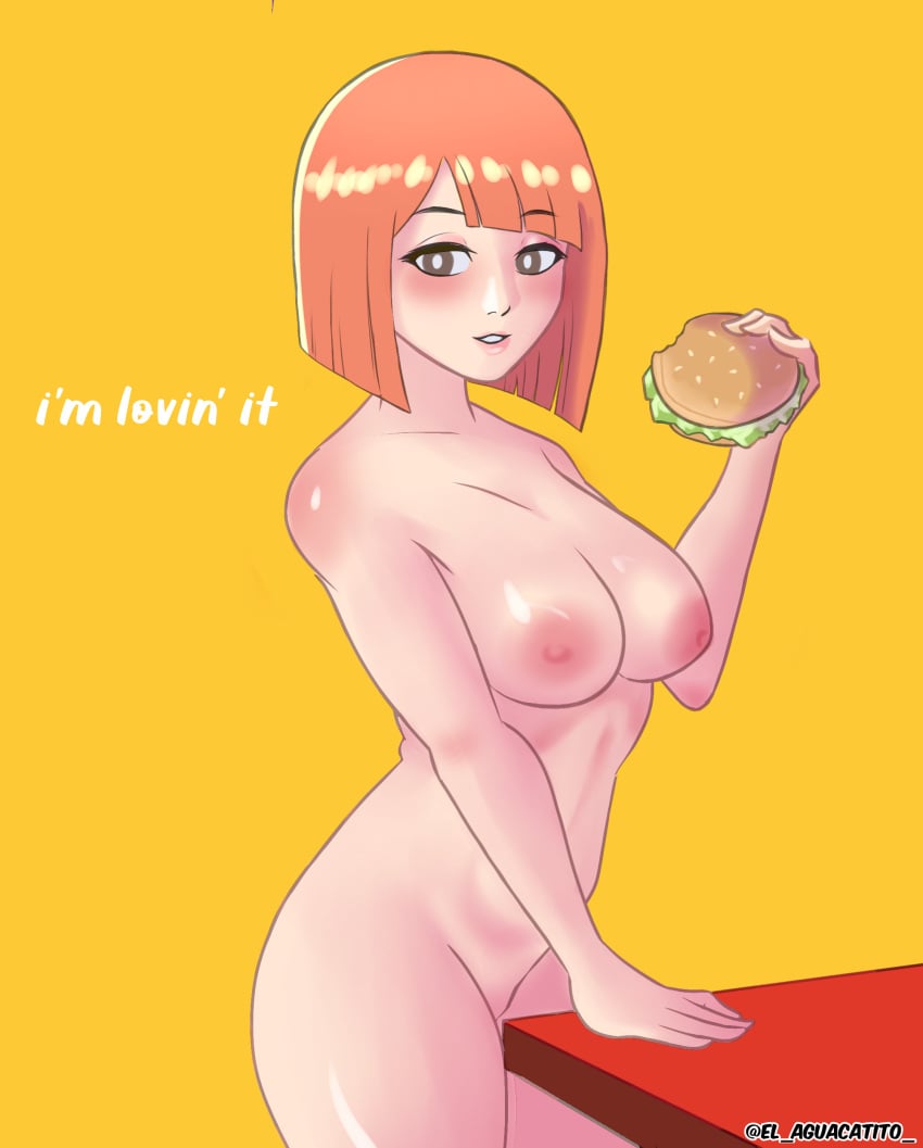 1girls aguacate_paltastico brown_eyes burger completely_nude completely_nude_female eating el_aguacatito elaguacatitoart female female_human female_only food hamburger im_lovin_it mcdonald's mom_(japanese_mcdonald's_commercial) naked naked_female nude nude_female orange_hair solo solo_female yellow_background yoru_mac