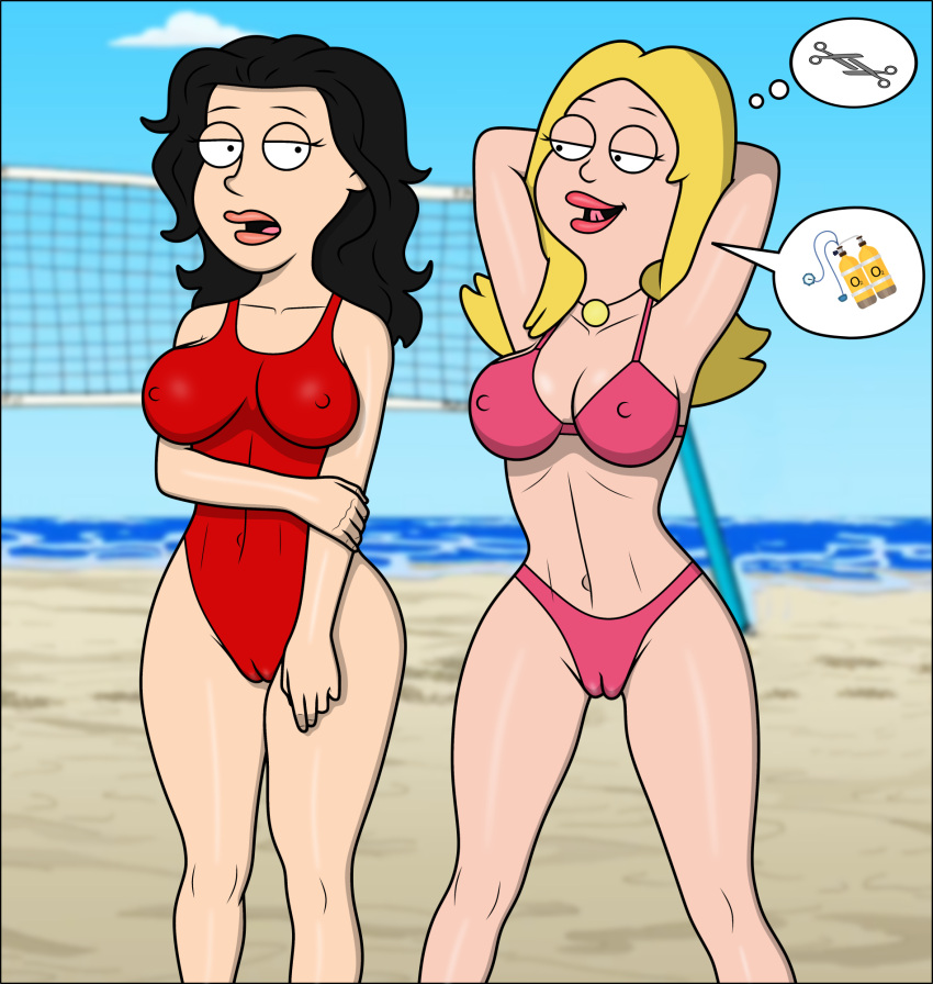 american_dad bikini blonde_hair brown_hair cameltoe francine_smith gender_bender original_character pink_bikini red_swimsuit scissoring scissors sexfightfun sexfightfun_(character) swimsuit tribadism tribbing