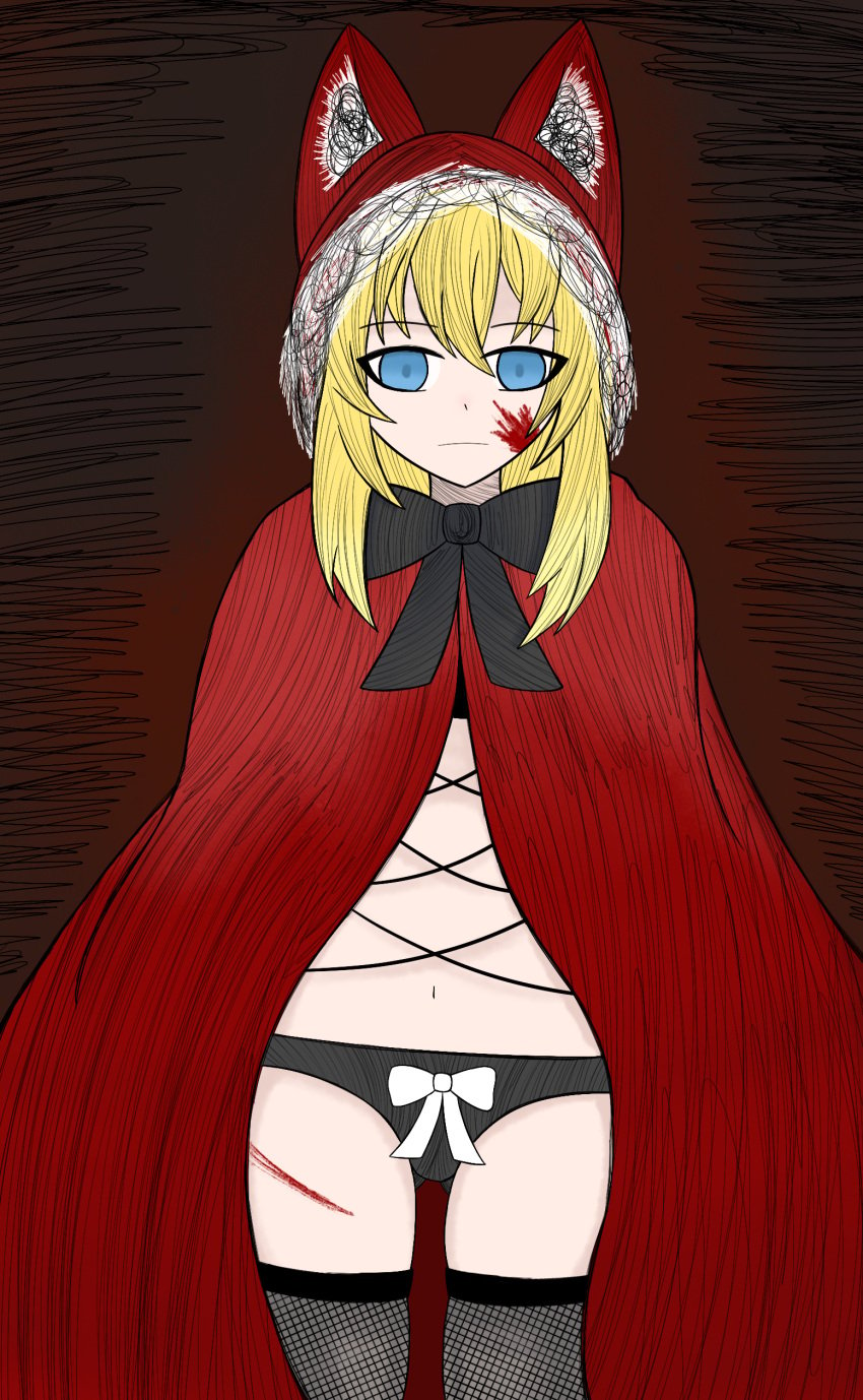 absurdres animal_hood black_bow black_bowtie black_panties black_souls blonde_hair blood blood_on_face bow bowtie cape cloak cross-laced_clothes female fur-trimmed_hood fur_trim highres hood hood_up hooded_cape lunyaru panties red_cape red_cloak red_hood_(black_souls) ribbon self-upload thighhighs twistedlupo underwear white_ribbon