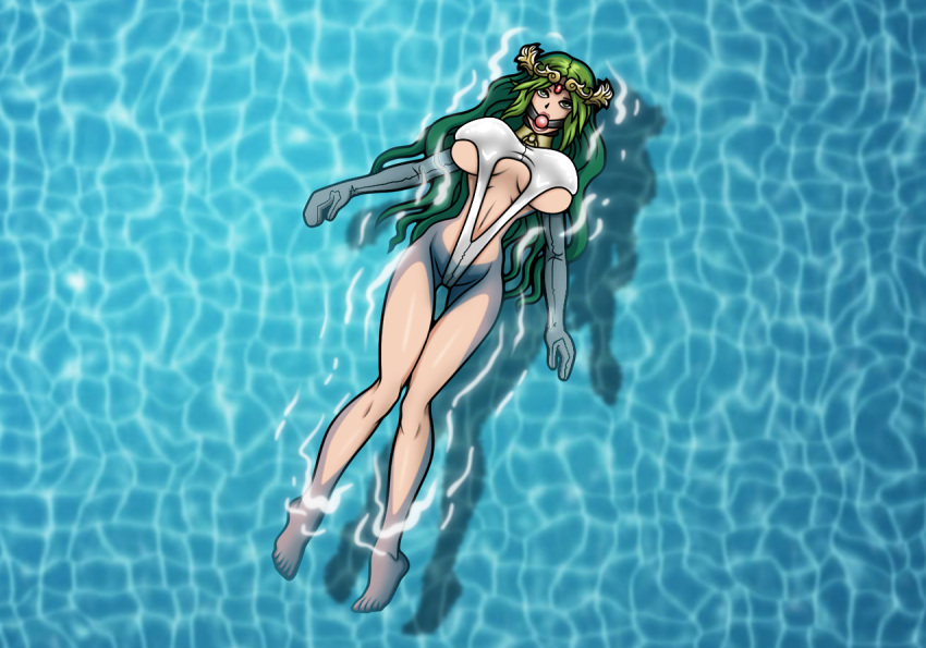 1girls ball_gag bondage bondage_mittens collar edit green_eyes green_hair hourglass_figure kid_icarus kid_icarus_uprising large_breasts latex_swimsuit long_green_hair long_sleeves nintendo palutena pool re-maker remaker swimming_pool swimsuit third-party_edit white_latex white_swimsuit