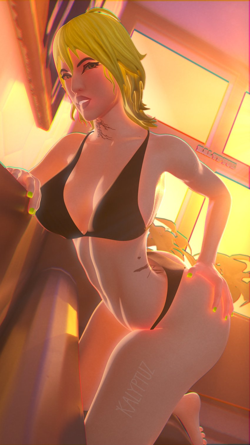 3d 3d_(artwork) 5_fingers 5_toes absurd_res ass asshole bikini bikini_bottom bikini_top biting_lip breasts completely_nude completely_nude_female couch dark-skinned_female dark_skin epic_games female female_only fortnite fortnite:_battle_royale green_hair hana_(fortnite) horny interview kalyptuz leaning leaning_forward nail_polish nails naked nipples nude nude_female office pink_nipples pose pussy toenail_polish toes vagina watermark