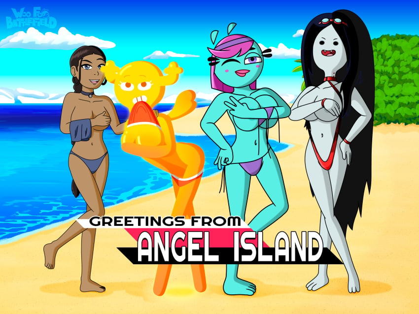 4girls adventure_time avatar_legends avatar_the_last_airbender bikini bikini_removed crossover english_text female female_only katara lina luiggikart marceline marceline_abadeer multiple_girls penny_fitzgerald smile superyinyangyogalaxy swimwear swimwear_removed text the_amazing_world_of_gumball undressed undressing undressing_partner undressing_self water_tribe wink winking_at_viewer woo_foo_battlefield yin_yang_yo!