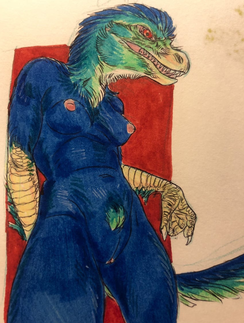 anthro beak breasts claws dinosaur feathered_dinosaur feathers female hi_res justcartilage nipples nude pubes reptile scales scalie solo tail