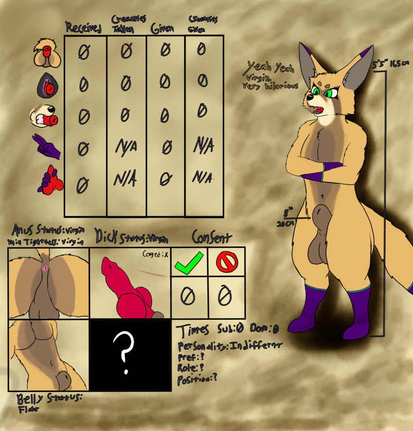 animal_genitalia animal_penis anthro anus balls canid canine canine_genitalia canine_penis english_text fennec fox furry_only genitals hi_res lewd_symbolism male male_only mammal model_sheet penis sheath solo stats text virgin vulnec