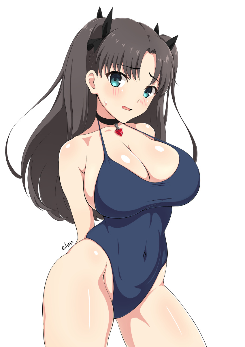 1girls arms_behind_back artist_name bangs blue_eyes brown_hair cleavage collar elun_(llelunlun) fate/stay_night fate_(series) female hair_ornament heart heart_collar large_breasts light-skinned_female light_skin long_hair looking_at_viewer navel one-piece_swimsuit open_mouth parted_bangs simple_background solo standing thick_thighs tohsaka_rin white_background