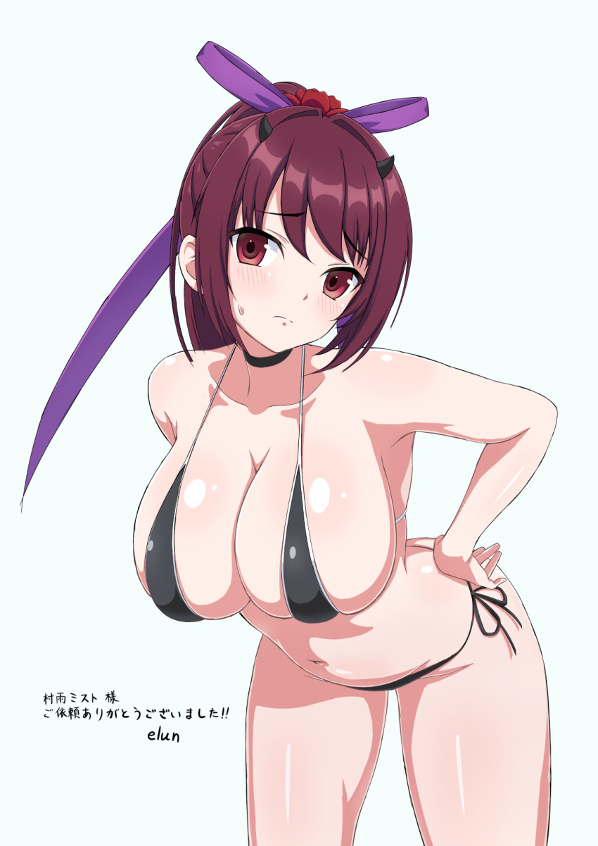 1girls bangs bent_over big_breasts bikini blush demon_horns elun_(llelunlun) eyebrows_visible_through_hair female hair_ornament highres horns indie_virtual_youtuber japanese_text kurou211 large_breasts leaning_forward light-skinned_female light_skin long_hair looking_at_viewer ponytail purple_hair red_eyes ribbon side-tie_bikini sidelocks simple_background solo standing text thick_thighs virtual_youtuber vtuber white_background