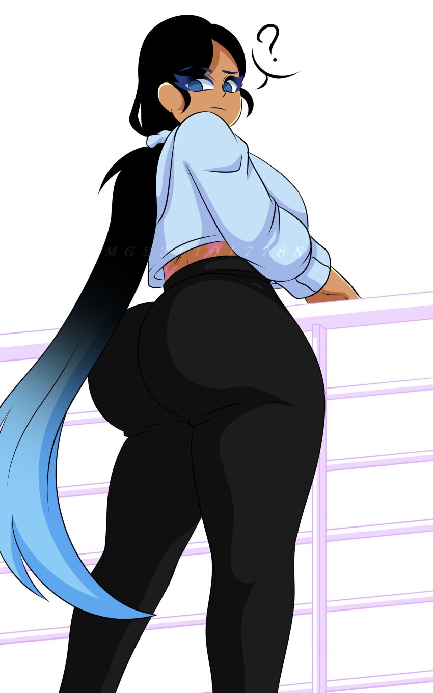 ass_focus big_ass big_butt black_pants blue_black_hair blue_eyes blue_hoodie butt_focus confused grace_(mg231101778) gradient_hair long_hair looking_at_viewer m.grace mg231101778 oc original_character scars scars_on_back tight_pants viewed_from_below watermark