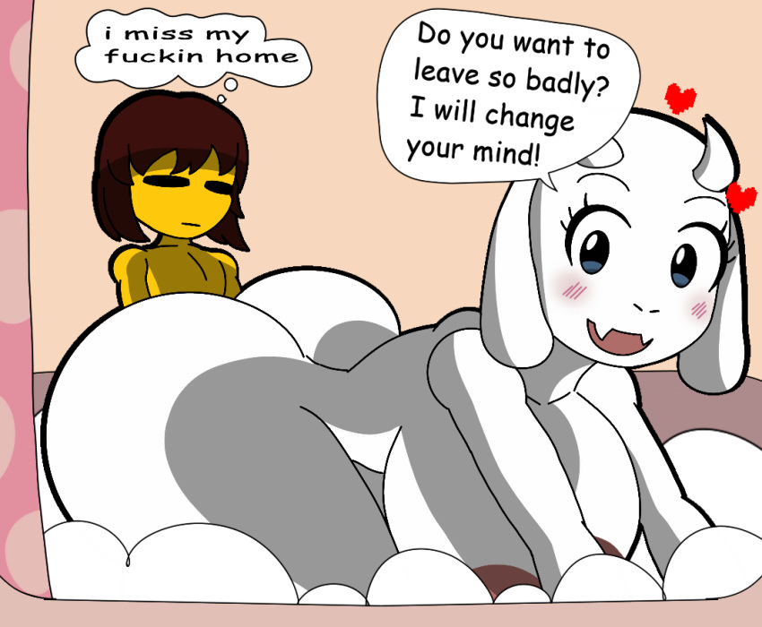 2d 2d_(artwork) 2d_artwork bathroom big_breasts blue_eyes blush color comedy comic_sans dialogue english english_dialogue english_text frisk funny furu_flami goat huge_ass human_on_anthro humanoid humor non-human text text_bubble toriel undertale undertale_(series) white_skin yellow_skin