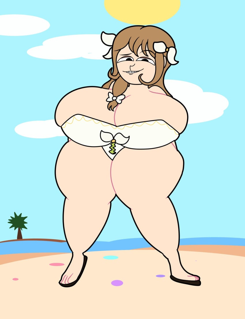 1girls bad_anatomy beach black_eyes braid brown_hair bursting_breasts busty curvy female female_only fire_emblem fire_emblem_engage goldmary_(fire_emblem) grin hair_over_shoulder huge_breasts looking_at_viewer naughty_face nintendo ocean one-piece_swimsuit outdoors side_ponytail smile solo swimsuit teaset_haliley thick_thighs voluptuous white_one-piece_swimsuit white_swimsuit