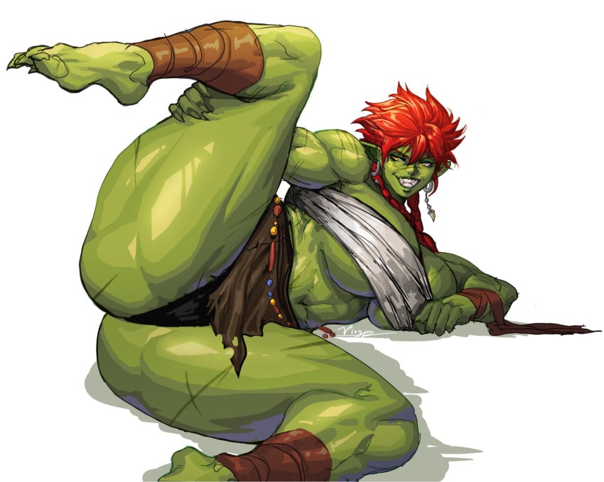 1girls big_ass big_breasts bula_(virgoart1509) female green_skin legs_up muscular muscular_female muscular_thighs orc orc_female original original_character red_hair solo solo_female thick_thighs virgoart1509