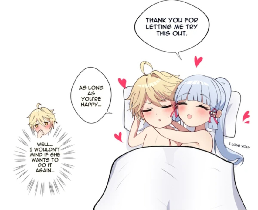 1boy 1girls aether_(genshin_impact) after_anal after_pegging after_sex aftercare bed blush blushing chibi closed_eyes dialogue english_text genshin_impact hearts hoyoverse hugging i_love_you in_bed kamisato_ayaka midhorny midori mihoyo text wholesome