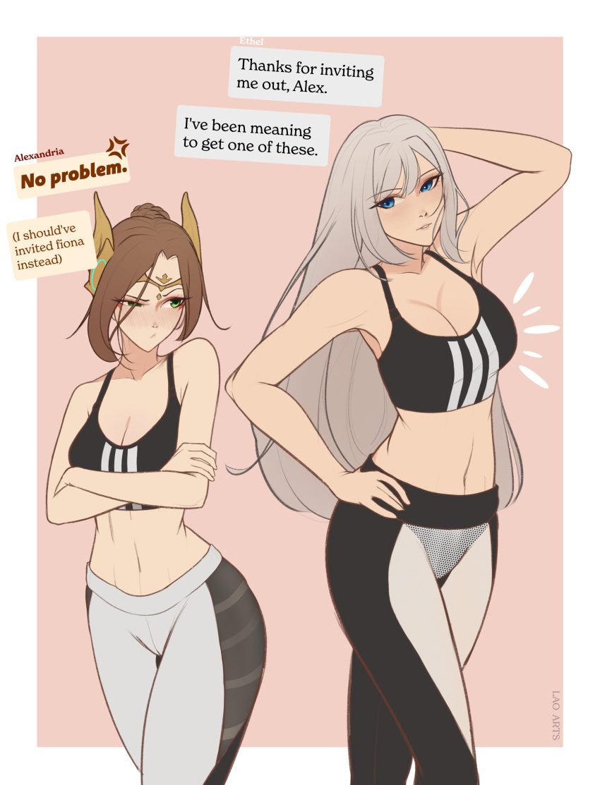 2girls abs absurd_res alexandria_(xenoblade) anger_vein asymmetrical_bangs asymmetrical_hair bare_shoulders big_breasts black_crop_top black_legwear black_sports_bra black_tank_top blue_eyes blush braid breast_envy breast_size_difference breasts brown_hair busty cleavage crop_top crossed_arms curvy ethel_(xenoblade) female french_braid green_eyes hair_bun hand_on_hip highres hourglass_figure jealous lao_arts large_breasts legwear long_hair medium_breasts midriff monolith_soft muscular muscular_male nintendo silver_eyes slim_waist sports_bra taller_female tank_top text text_bubble thick_ass thick_thighs thighs very_long_hair white_legwear wide_hips xenoblade_(series) xenoblade_chronicles_3