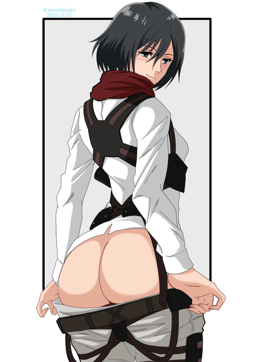 1girls ass ass_focus ass_out ass_up attack_on_titan black_hair brown_hair brush dress female female_only looking_at_viewer looking_back looking_pleasured mikasa_ackerman pants pants_removed scar shingeki_no_kyojin shirt short_hair simple_background smile smilebomb white_background xeno_doujin