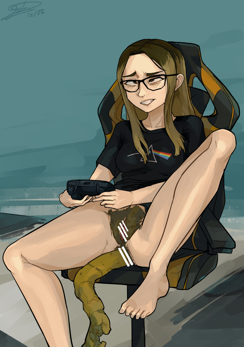 1girls anus bar_censor chair feet_up female gamer_girl glasses hairy_pussy nerd pink_floyd pubic_hair pussy scat shitting sitting solo usagaijin