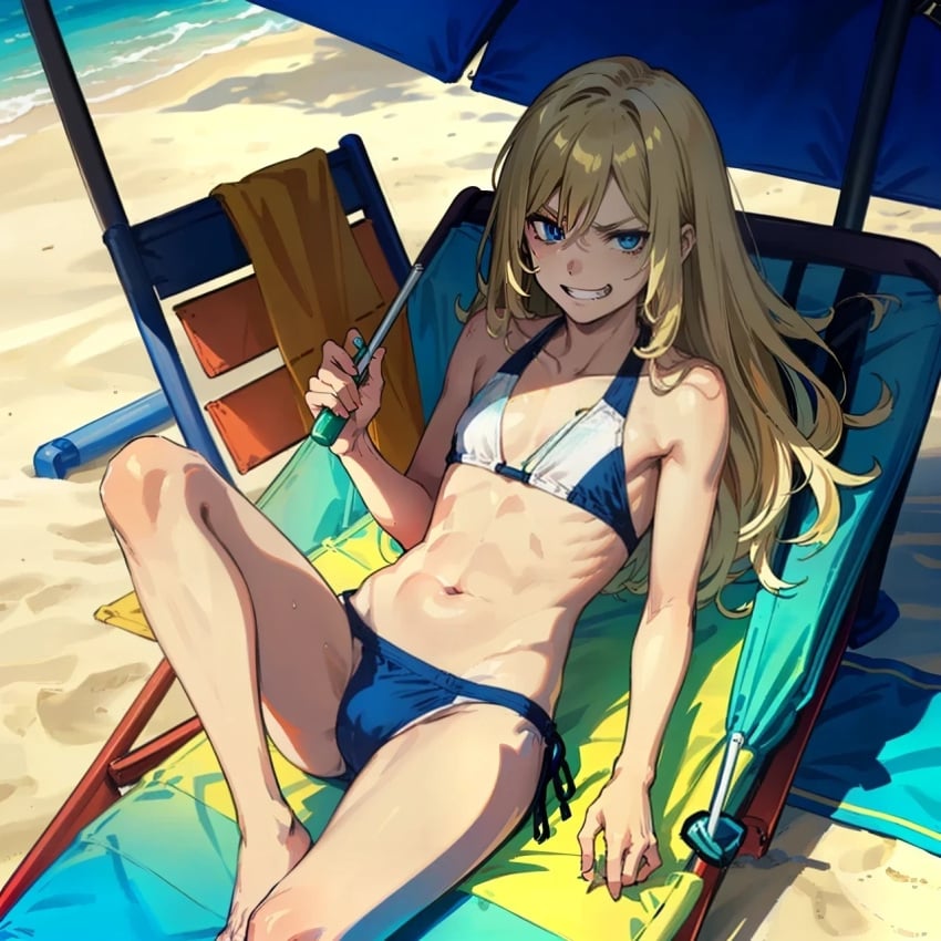 1boy 1femboy ai_generated beach beach_chair beach_towel beach_umbrella bikini blonde_hair blue_bikini blue_eyes crossdressing crossdressing_male enjuuji evil_grin evil_smile ferdinando_agnello sand shadow