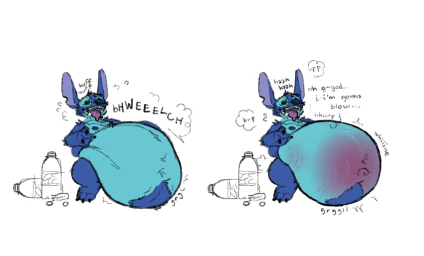 alien anthro belly belly_blush belly_expansion belly_inflation belly_on_ground beverage big_belly bloated blue_body blue_fur blue_nose blush bodily_fluids body_blush body_hair breath burp_cloud burping chocopaws2 close_to_bursting coca-cola_and_mentos dialogue different_sound_effects digital_media_(artwork) disney english_text expansion experiment_(lilo_and_stitch) fur gurgle_(sound_effect) happy_trail head_tuft hi_res hyper hyper_belly inflation lilo_and_stitch male mammal mentos navel nipples notched_ear nude obese obese_male onomatopoeia open_mouth outie_navel overweight overweight_anthro overweight_male panting rumbling_stomach saliva saliva_on_tongue smile soda soda_bottle solo sound_effects stitch_(lilo_and_stitch) stretch_marks sweat sweatdrop teeth text tongue tuft vowelless vowelless_sound_effect yourfursoner_(artist)