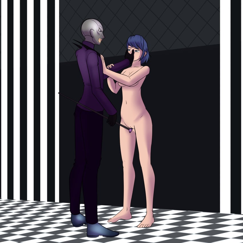 1boy 1girls against_wall defeated defeated_heroine domination exposed_breasts exposed_pussy female gabriel_agreste hand_over_another's_mouth handgag ladybug_(character) male marinette_cheng marinette_dupain-cheng miraculous_ladybug stripped stripped_naked