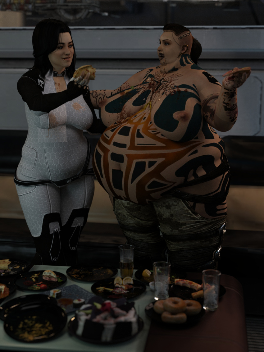 2girls 3d bbw belly big_belly big_breasts black_hair breasts duo eating fat feederism female food jack_(mass_effect) mass_effect miranda_lawson mutual_feederism nipples obese overweight persondudemanguy slob tattoo thick_thighs thunder_thighs weight_gain