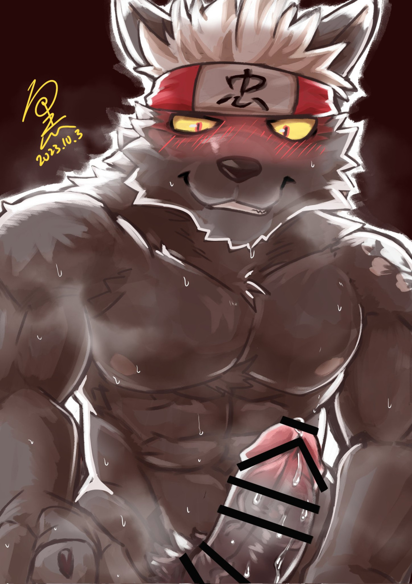 abs accessory anthro black_body black_fur blush bodily_fluids c82102111 canid canine canis censored domestic_dog erection fur genital_fluids genitals hair headband hi_res lifewonders male mammal muscular muscular_anthro muscular_male nipples nude pecs penis precum red_eyes solo tadatomo tokyo_afterschool_summoners white_hair yellow_sclera