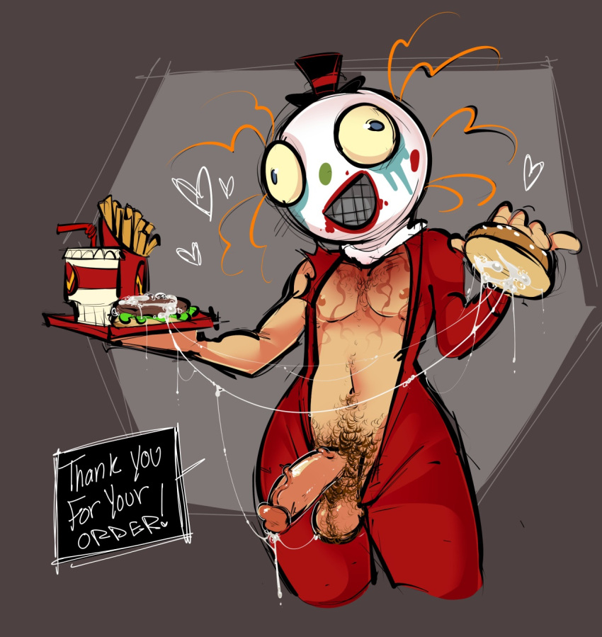 <3 bileshroom black_pubic_hair burger cum cum_on_food ejaculation fanart food heart lisa_(series) lisa_the_painful male male_focus male_only mask masked_male penis pubes pubic_hair ripped_clothing wally_(lisa)