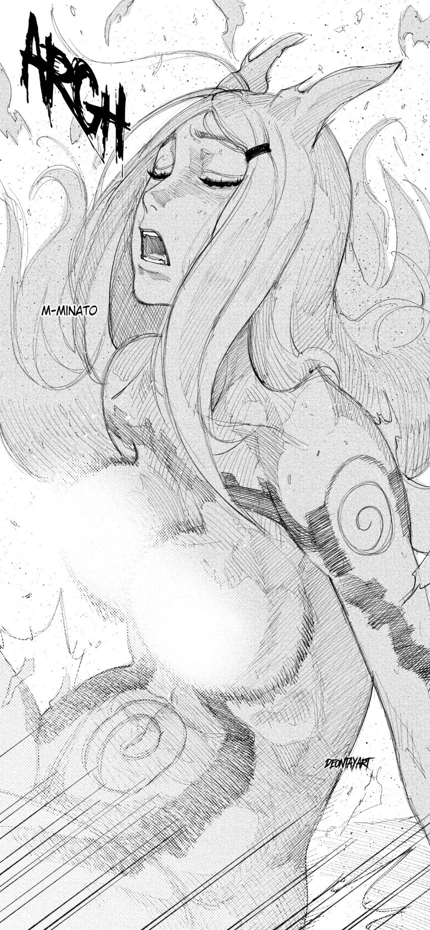 1girls animal_ears big_breasts body_markings body_tattoo breasts censored censored_nipples closed_eyes completely_nude deontayart female female_focus flame flaming_hair fox_ears husband_and_wife implied_penetration implied_sex jinchuriki long_hair mature mature_female milf moaning monochrome namikaze_minato naruto naruto_(series) naruto_shippuden nude offscreen_character offscreen_male offscreen_sex sex solo solo_focus stomach_tattoo talking talking_to_partner text uzumaki_kushina uzumaki_symbol very_long_hair watermark