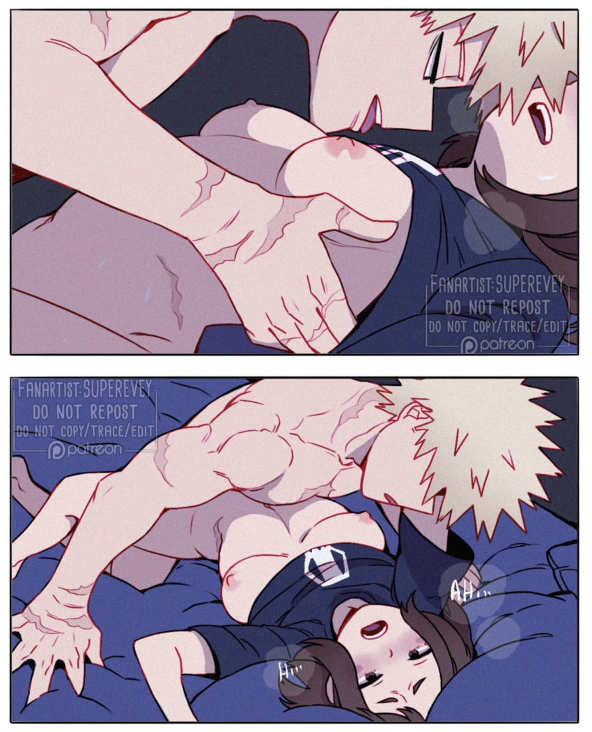 1boy 1girls bakugou_katsuki breasts breasts_out exposed_breasts female female_penetrated katsuki_bakugou licking_nipples male male/female male_penetrating missionary_position my_hero_academia ochako_uraraka on_back scar sex shirt_up spiky_hair straight superevey uraraka_ochako