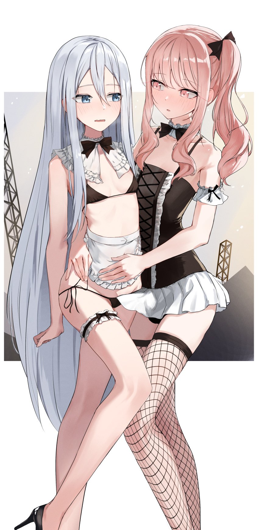 1girls 1other akiyama_mizuki aroused before_sex blue_eyes boner crossdressing female fishnets flat_chest flat_chested genderswap heavy_breathing high_heels long_hair looking_at_another looking_at_partner maid_apron maid_headdress maid_outfit maid_uniform pink_eyes pink_hair project_sekai reitouko revealing_clothes revealing_clothing revealing_outfit side_ponytail small_breasts turned_on white_hair yoisaki_kanade