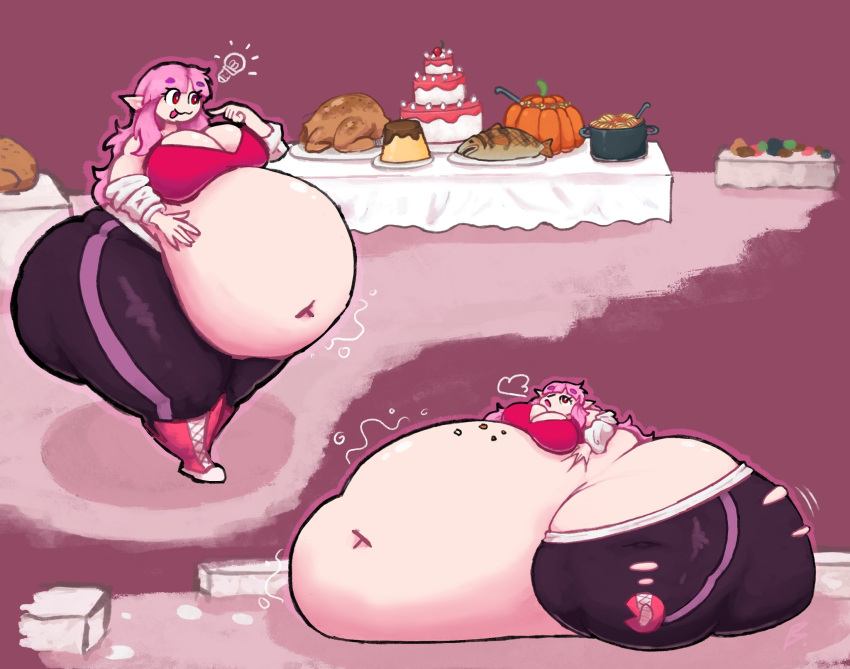 1girls big_breasts elise_(mysterydad) food ghornyb huge_belly hyper_belly mysterydad oc plump thick_thighs