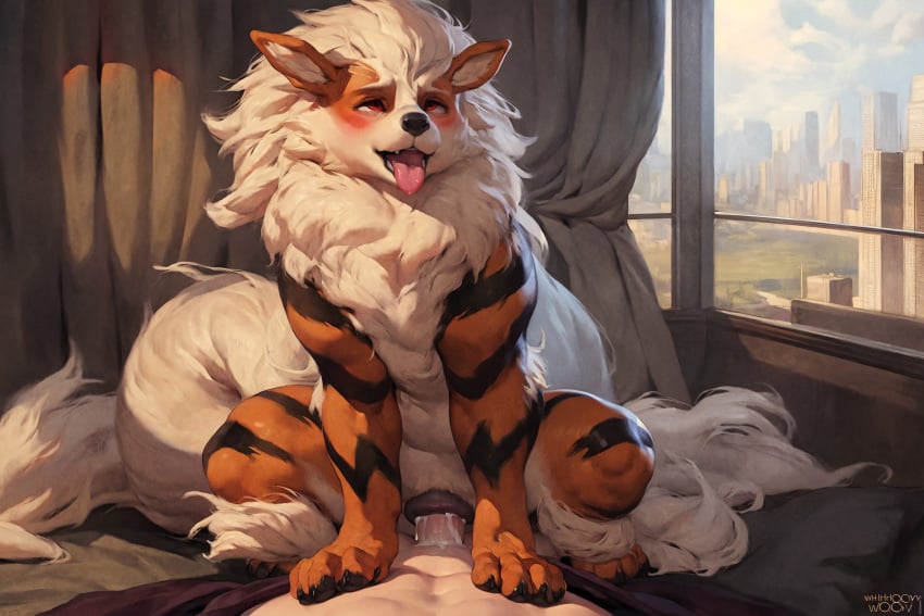 ai_generated arcanine canine detailed_background female_on_top feral huma human_on_feral human_penetrating_feral male/female male_on_feral pleasure_face pokemon pokemon_(species) rolling_eyes tongue_out