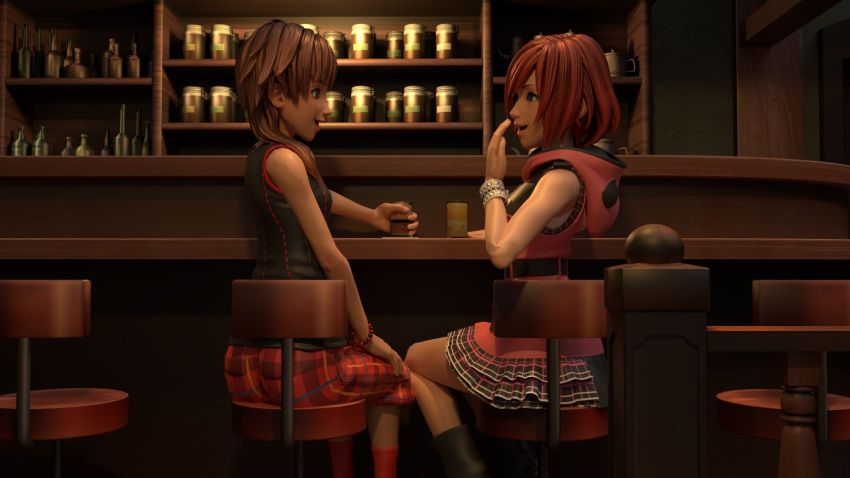 bar_(place) blue_eyes brown_hair clothing green_eyes kairi kingdom_hearts olette open_mouth red_hair sitting_on_chair skirt smile talking usbsantiago