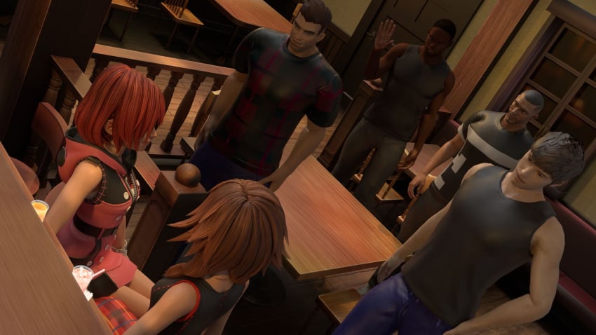 bar_(place) brown_hair clothing dark-skinned_male kairi kingdom_hearts males olette red_hair sitting_on_chair table usbsantiago