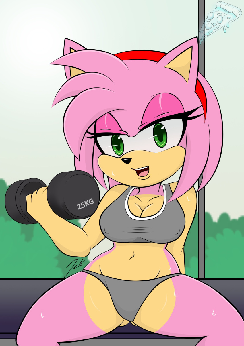 amy_rose breasts cleavage crop_top eyeshadow green_eyes hairband myspookypizza pink_fur sega sitting sonic_(series) sports_bra sportswear two_tone_fur underwear weightlifting