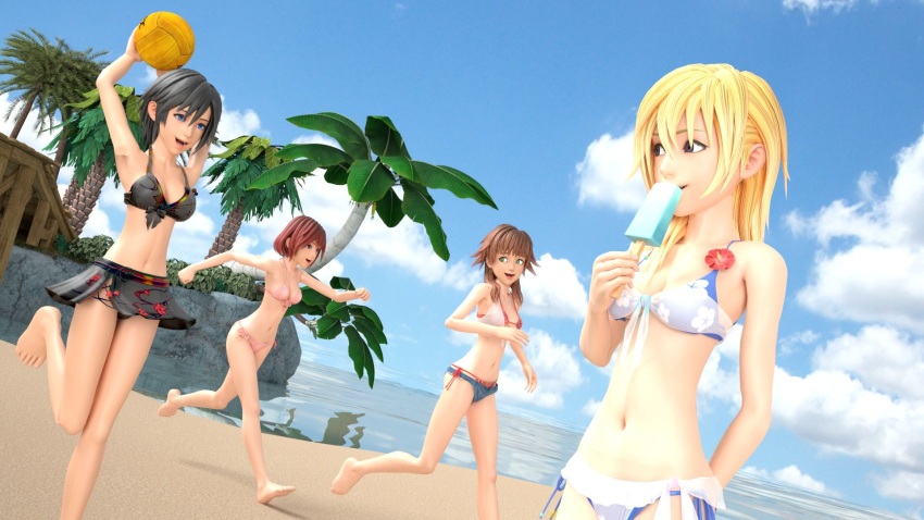 beach beach_ball bikini black_hair blonde_hair blue_eyes brown_hair green_eyes ice_cream island kairi kingdom_hearts namine olette open_mouth red_hair running smile standing swimsuit usbsantiago xion