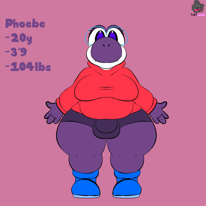 absurd_res anthro balls breasts bulge clothed clothing digital_media_(artwork) eyewear genitals glasses gynomorph hi_res hoodie intersex mario_(series) nintendo penis phoebe_(tuffthecat) purple_yoshi reptile scalie simple_background solo topwear tuffthecat yoshi