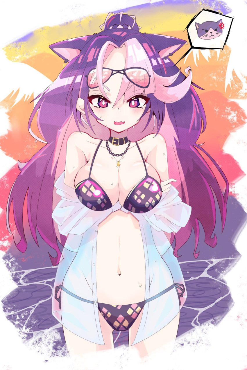 1girls animal_ears arms_crossed bikini blue_hair cleavage female_only feru highres latam_virtual_youtuber light-skinned_female light_skin long_hair looking_at_viewer pink_eyes pink_hair shura_hiwa summer sunglasses sunglasses_on_head swimsuit two_tone_hair virtual_youtuber vjin vtuber vtuberfanart water