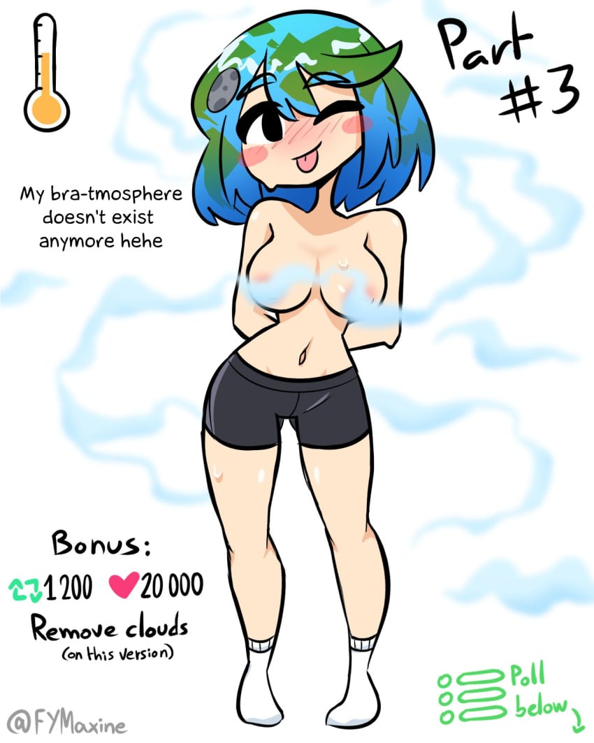 1girls 2023 blue_hair blush breasts cloud earth-chan english_text female female_only fymaxine gray_shorts green_hair light-skinned_female light_skin navel nipples no_bra no_shirt shorts socks solo solo_female strip_game tagme text tongue tongue_out topless two_tone_hair white_background