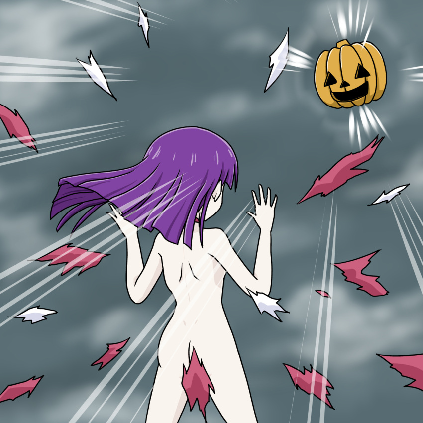 collar completely_naked completely_naked_female completely_nude completely_nude_female embarrassed_nude_female enf gegege_no_kitarou naked naked_female nekomusume nude nude_female pumpkin purple_hair shreds_of_clothes suddenly_naked tagme_(artist) torn_clothes