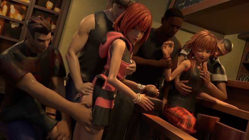 ass_grab bar_(place) blue_eyes brown_hair chairs clothing dark-skinned_male groping groping_breasts kairi kingdom_hearts olette open_mouth red_hair smile usbsantiago