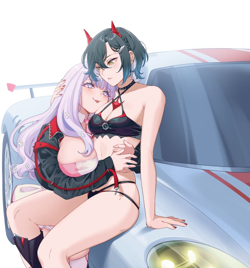 2girls :p absurdres azur_lane black_hair breasts car ear_piercing estherart0 highres hug large_breasts long_hair medium_breasts motor_vehicle multiple_girls nail_polish official_alternate_costume piercing pink_hair plymouth_(azur_lane) plymouth_(heart-throbbing_refreshment)_(azur_lane) short_hair sitting sitting_on_car tongue tongue_out ulrich_von_hutten_(azur_lane) ulrich_von_hutten_(ignition_matrician)_(azur_lane) yellow_eyes yuri