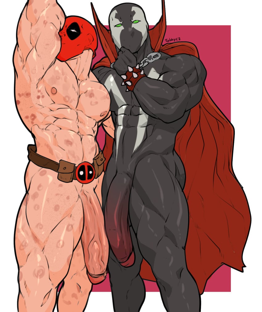 abs bara belt big_penis bite_mark black_skin bruise cape deadpool huge_cock hyper_penis male/male male_only males_only marvel mask masked_male muscular muscular_male nipples pecs penis_comparison spawn tobbyc2 wade_wilson