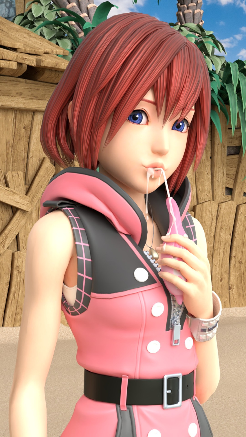 blue_eyes clothing condom drinking_cum female female_only holding_condom kairi kingdom_hearts red_hair short_hair standing usbsantiago