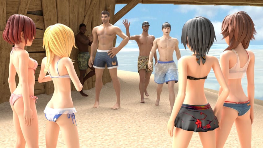 beach bikini black_hair blonde_hair brown_hair dark-skinned_male island kairi kingdom_hearts namine olette red_hair standing swimsuit usbsantiago water xion