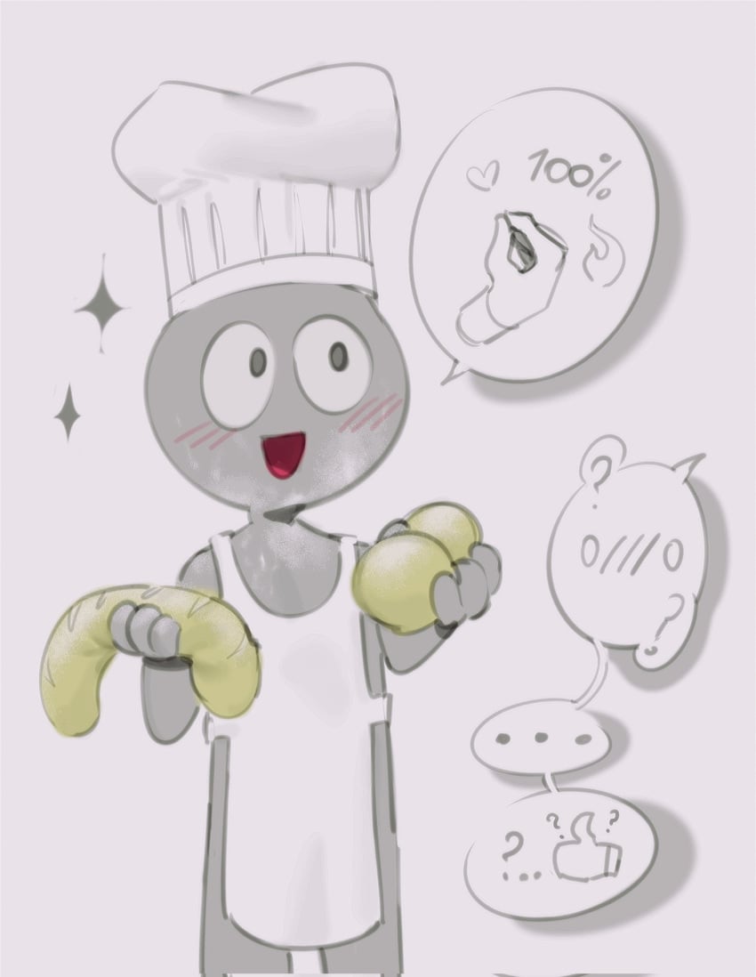 ambiguous_gender anon apron balls blush chef_hat clothing disembodied_balls disembodied_penis genitals grey_body grey_skin hat headgear headwear hi_res human kogito kogito_(character) male male_only mammal not_furry penis smile solo stickman toony